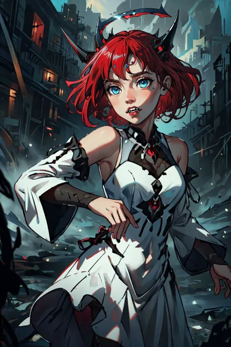 a woman with red hair and horns standing in a city