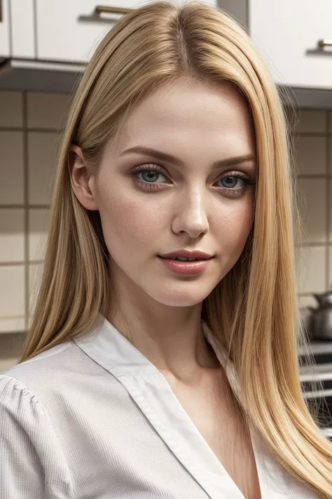 European woman, closeup, (shirt), pants, (kitchen), (), ZM_alicia, wide shoulders, perfect face, (contact iris: 1.1), pale skin, skin pores , depth of field