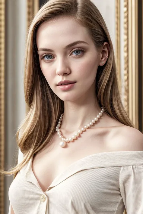 European woman, closeup, (shirt), pants, (us capitol), pearl necklace , ZM_alicia, wide shoulders, perfect face, (contact iris: 1.1), pale skin, skin pores , depth of field