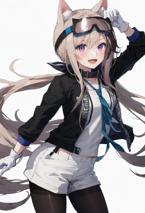 best quality, masterpiece, highres, solo, {cardigan_arknights:0.90}, 1girl, black_pantyhose, blue_necktie, goggles, looking_at_viewer, simple_background, white_background, white_gloves, blush, detached_sleeves, white_shirt, black_sleeves, blue_shorts, coll...