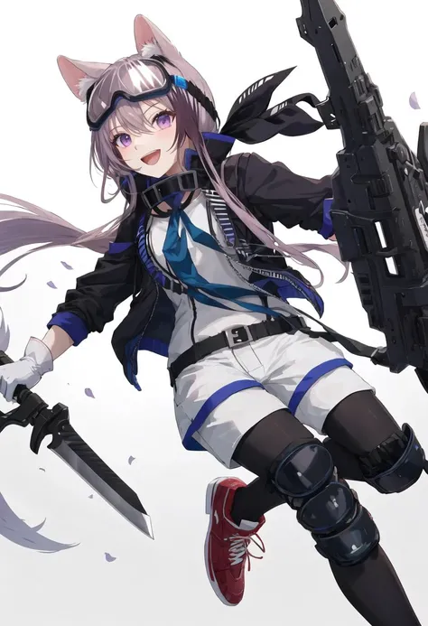 best quality, masterpiece, highres, solo, {cardigan_arknights:0.90}, 1girl, goggles, knee_pads, black_pantyhose, open_mouth, red_footwear, white_shirt, full_body, white_background, white_gloves, holding_shield, simple_background, blue_necktie, blue_shorts,...