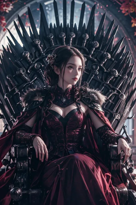 a woman in a red dress sitting on a throne with swords