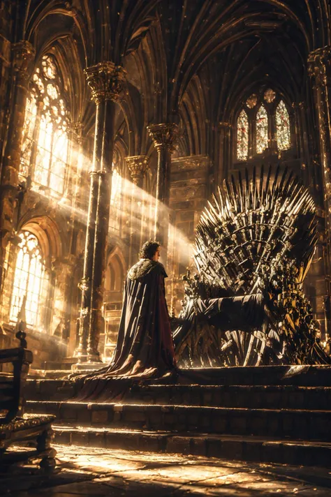 a man in a red cape and cloak standing in front of a iron throne