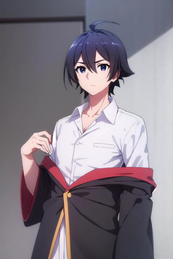 seiichihiiragi, <lora:seiichi hiiragi s2-lora-nochekaiser:1>,
seiichi hiiragi, black hair, hair between eyes, ahoge, male focus, (black eyes:1.5),
BREAK school uniform, hood, robe, shirt, white shirt, collared shirt,
BREAK indoors, classroom,
BREAK looking...