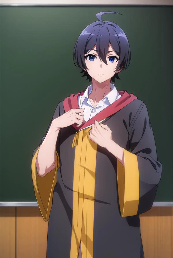 seiichihiiragi, <lora:seiichi hiiragi s2-lora-nochekaiser:1>,
seiichi hiiragi, black hair, hair between eyes, ahoge, male focus, (black eyes:1.5),
BREAK school uniform, hood, robe, shirt, white shirt, collared shirt,
BREAK indoors, classroom,
BREAK looking...