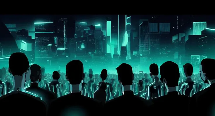 <lora:tronuprising:0.6> crowd of people looking up