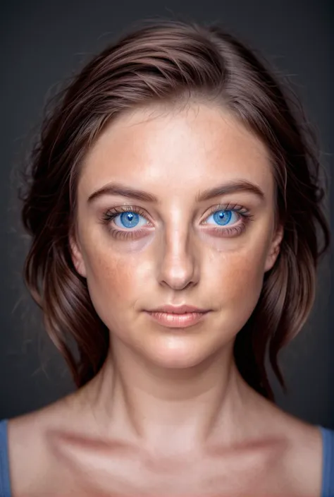 a woman with blue eyes and a blue top posing for a picture