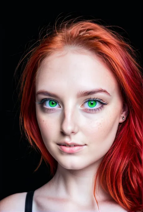 a close up of a woman with red hair and green eyes