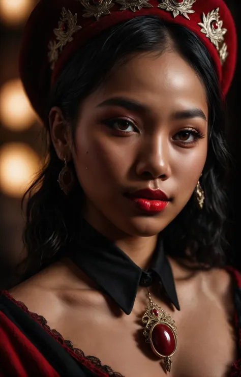 a close up of a woman wearing a red hat and a red dress