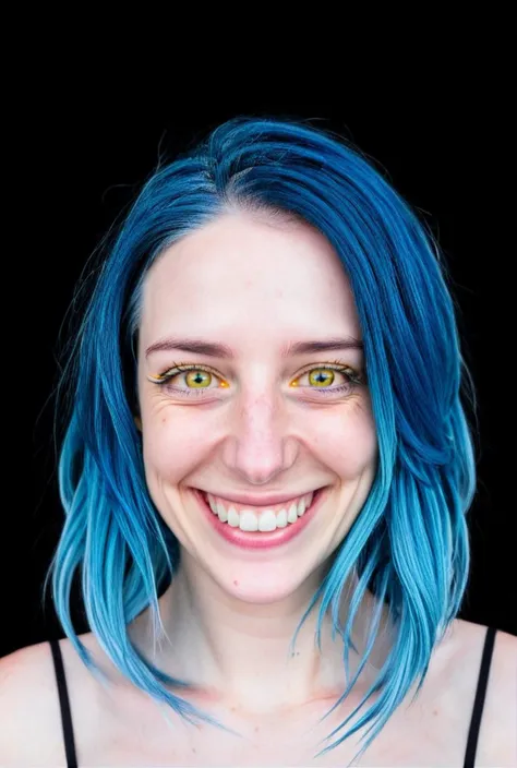 a close up of a woman with blue hair and a black top