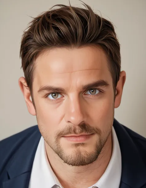 a close up of a man with a beard and a suit jacket