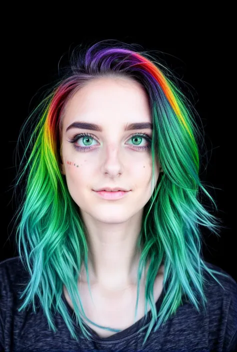 a woman with green hair and a rainbow dyed bob