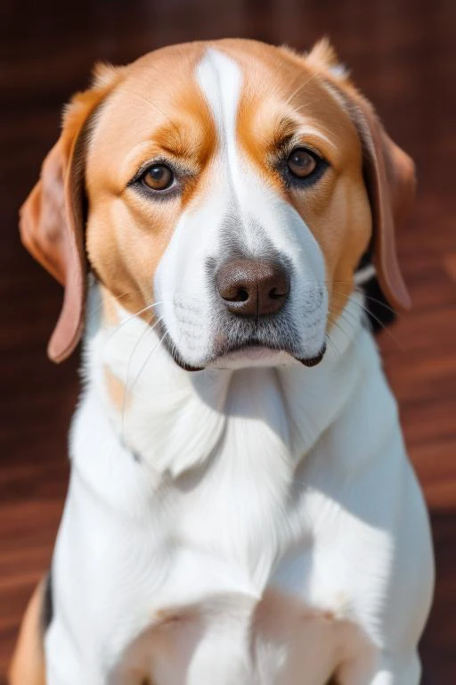 a close up of a dog sitting on a wooden floor