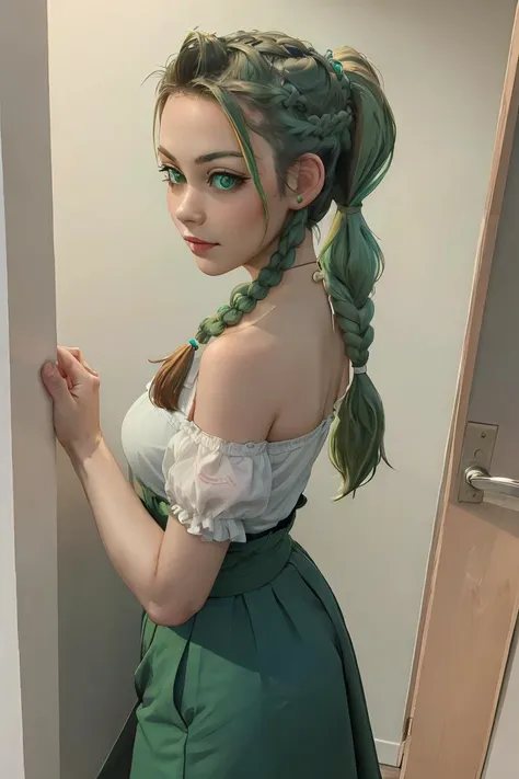 a close up of a woman with green hair and a green dress