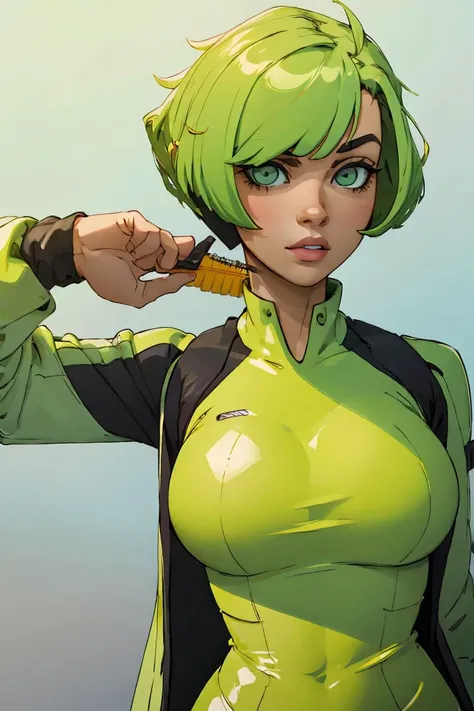 a close up of a person in a green outfit holding a knife