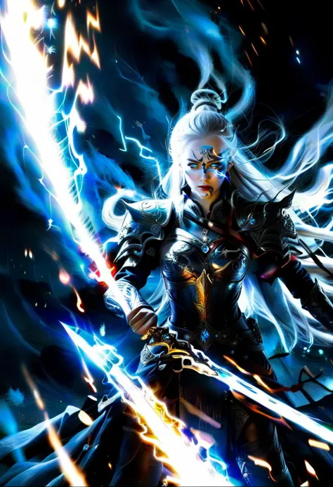 a cinematic shot of a beautiful female warrior,long white hair,(large glowing blue eyes:1.1),wielding a sword made of blue light...