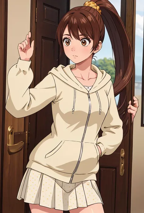 (masterpiece, best quality), 1girl,  <lora:AkineKuga:0.8> AkineKuga, 1girl, solo, very long hair, brown hair, long sleeves, brown eyes, collarbone, high ponytail, hair scrunchie, hooded sweater, hood down, polka dot skirt,