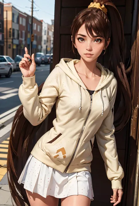 (masterpiece, best quality), 1girl,  <lora:AkineKuga:0.8> AkineKuga, 1girl, solo, very long hair, brown hair, long sleeves, brown eyes, collarbone, high ponytail, hair scrunchie, hooded sweater, hood down, polka dot skirt,