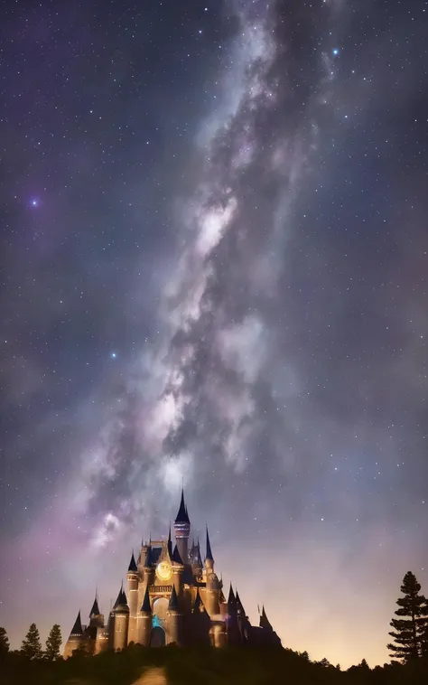 a castle with a lot of windows and a sky full of stars