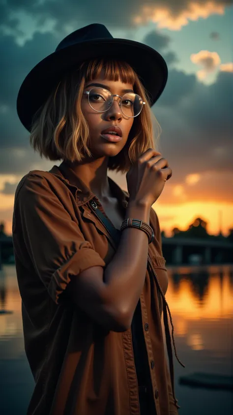 a professional photo of time-lapse photography, african, mid-twenty, woman, long hair, bob hair with bangs, frohawk, honey blond...