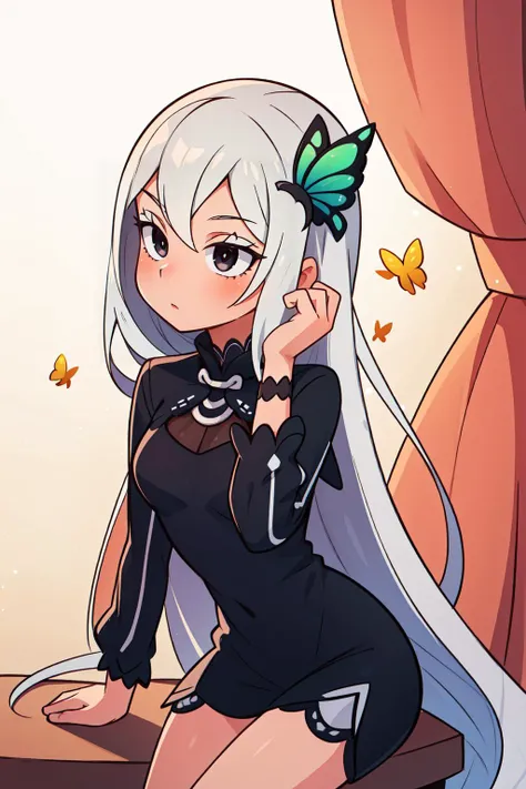 (masterpiece, best quality),  intricate details,
1girl,  <lora:Echidna_3_20:0.8> echidna, colored eyelashes,  butterfly hair ornament, black dress, long sleeves,