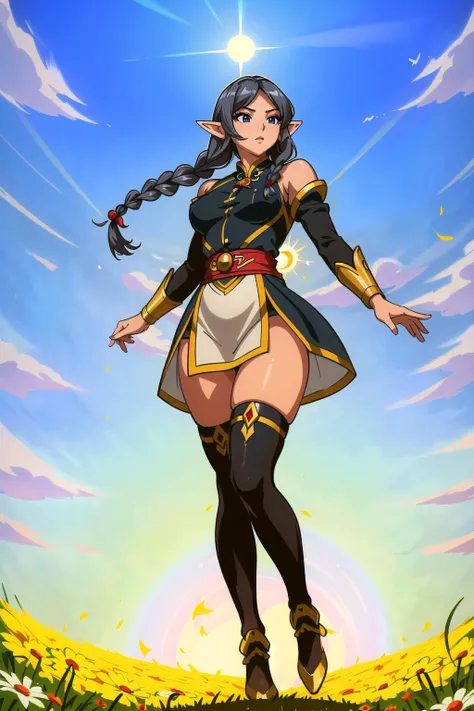 (masterpiece, best_quality, ultra-detailed, immaculate:1.3), epic, illustration, welcoming, 1girl, fighter, elf, black hair, twin drills,Wavy Lob, (full body:1), [:revealing costume design:0.2], chinese, in a  metropolis, in a  field of wind generators, bo...