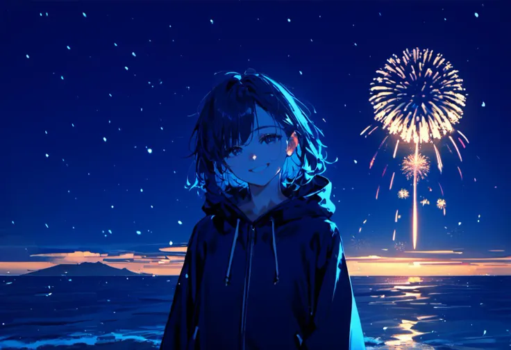 anime girl looking at fireworks in the sky