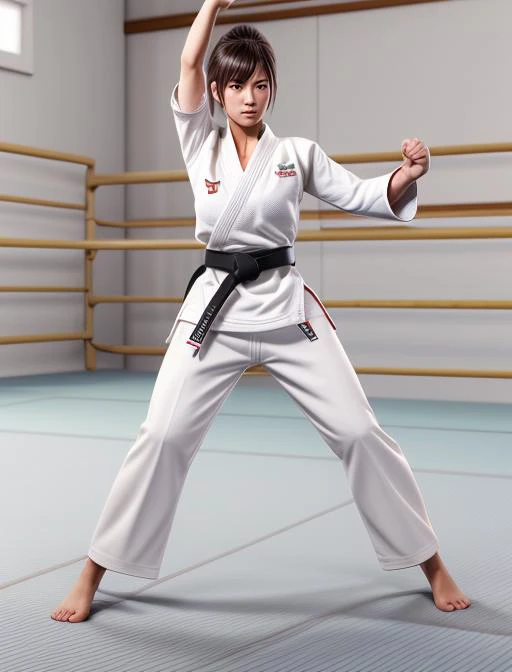 a woman in a karate pose in a gym