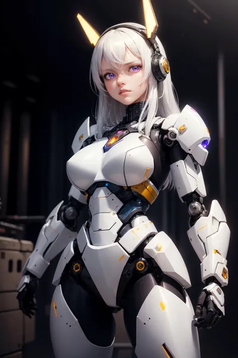 (masterpiece, best quality:1.4), absurdres, extremely detailed CG, realistic, hyper realistic, intricate design, 1girl, solo, action pose, white hair, large hair, purple detailed eyes, angry, <lora:A-Mecha-REN[color_theme,mecha musume, mechanical parts, ro...