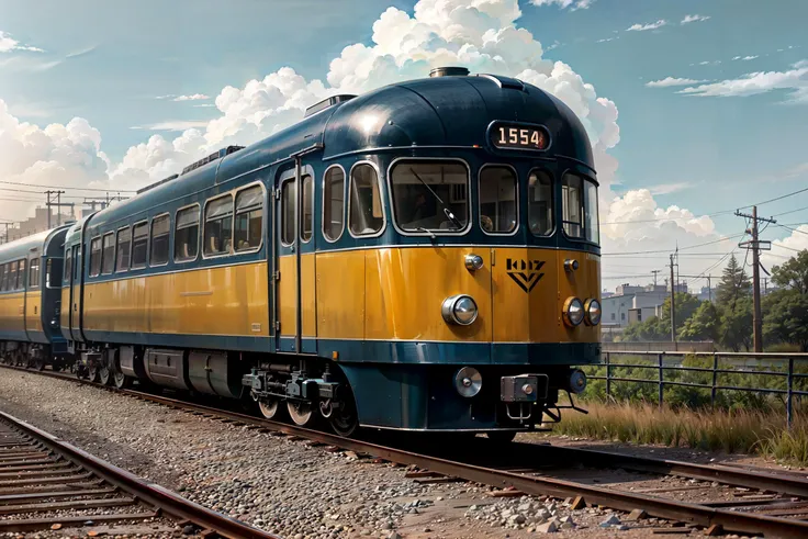 (raw photo, masterpiece, best quality, high detail), (8k, full frame, photorealistic, realistic, art deco style, streamline moderne style), retro passenger train, smooth, aerodynamic