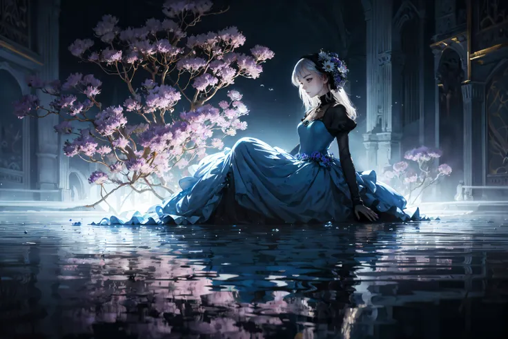 solo, girl in a blue ball gown, pond, reflection, surreal dream-like world, scary, unique flowers, medieval,