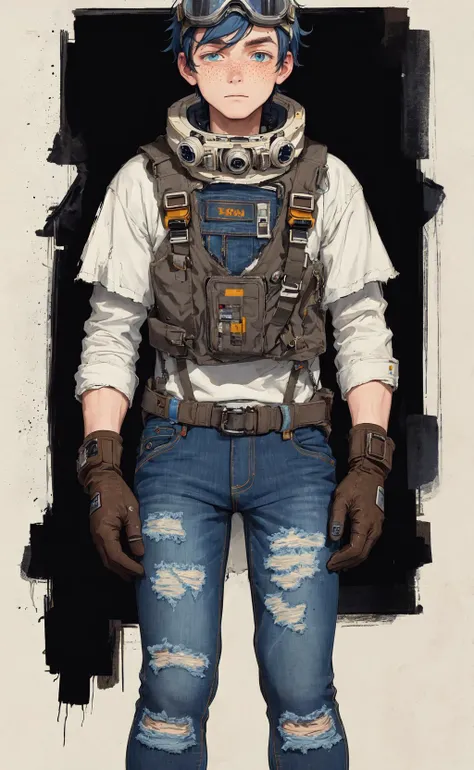 (sketch:1.1), (masterpiece, best quality), 1boy, spacepunk engineer, science fiction, distressed jeans, freckles, gloves, goggles