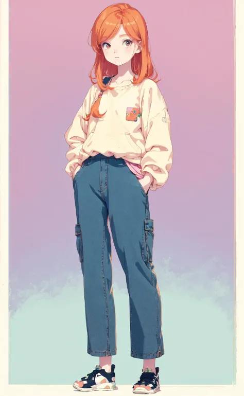 illustration of a ginger girl in a casual clothes, hands in pockets, japanese retro, highly detailed, soft pastel colors, (vaporwave:0.8), anime style, niji