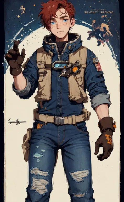 (sketch:1.1), (masterpiece, best quality), 1boy, spacepunk engineer, science fiction, distressed jeans, freckles, gloves, goggles