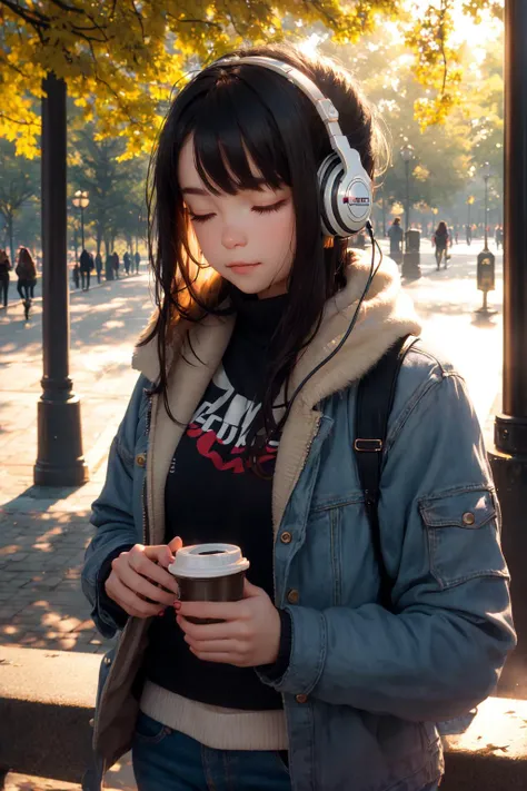 casual photography, girl listening to music, park, warm soft lighting