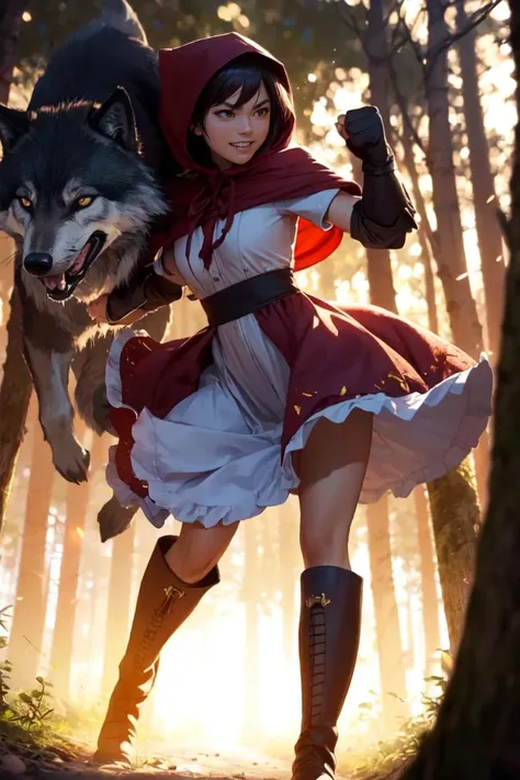 (masterpiece, best quality, ultra detailed), delicate pattern, detailed background, super fine concept art, 
1girl, solo, evil grin, focus fist, close up, action shot,
little red riding hood, frilled dress, knee boots, thigh holster, work gloves, armor, <l...