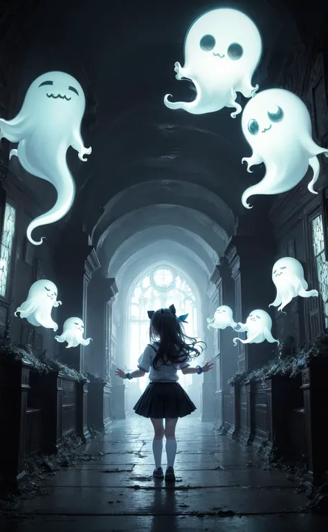 masterpiece, best quality, schoolgirl exploring a haunted theme park, haunted by cute chibi ghosts, cute, whimsical, glow, glowing, fun, silly, mystical, magical, arcane, funny, amusing