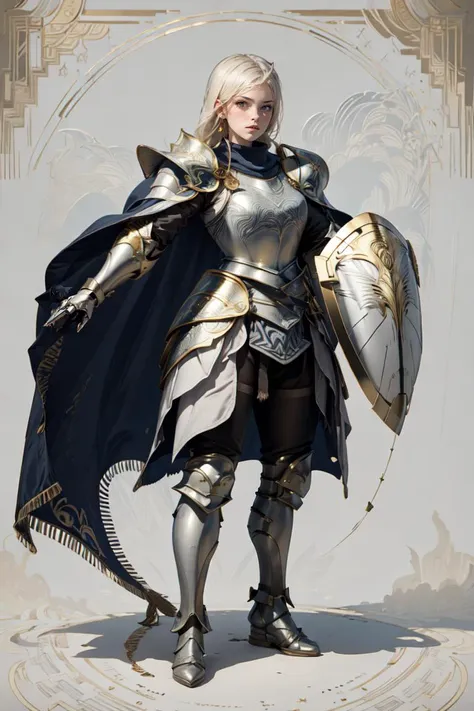 (masterpiece, best quality, ultra detailed, reference sheet, illustration, textile shading), delicate pattern, detailed background, fantasy, 1girl, solo, dynamic pose, knight, KnightT, art_deco_fusion pattern full armor, equipped with kite shield, <lora:Kn...