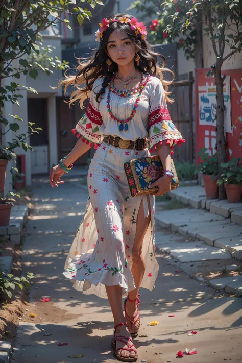 Mexican-inspired embroidered peasant blouse with a flowing maxi skirt, paired with huarache sandals. Handwoven huarache sandals with straps. Loose waves with a colorful floral hairband. Beaded necklace and vibrant embroidered clutch.
RAW photo, 8k uhd, dsl...