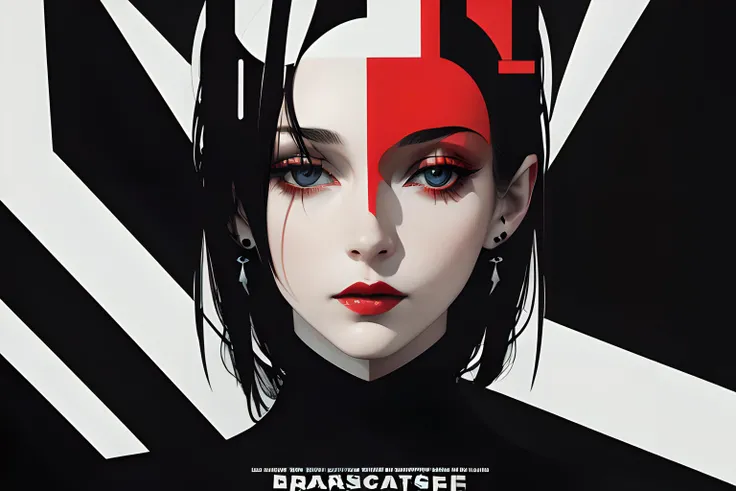 masterpiece, best quality, 1girl, dark fantasy movie poster, Bauhaus, shapes, lines, abstract ,black background