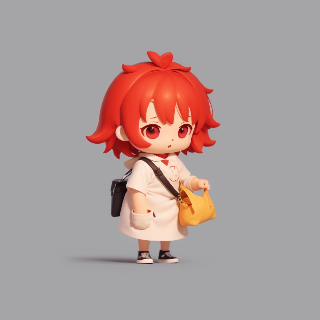 (illustration:1.0), masterpiece, best quality,1 girl with red hair in a long dress standing, carrying a bag,simple background, soft light,chibi <lora:Chibi Animals:0.85>