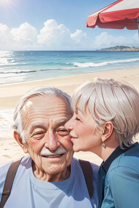 8k, best quality, masterpiece, close-up, kissingcheek  <lora:kissingcheek:1>, ((elderly man, elderly woman)), smile, outside beach cafe background, sunny,