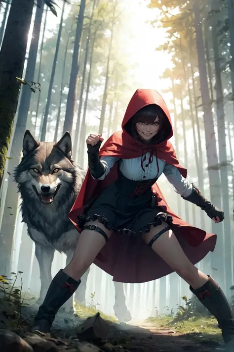 (masterpiece, best quality, ultra detailed), delicate pattern, detailed background, super fine concept art, 
girl and wolf, evil grin,
little red riding hood, frilled dress, knee boots, goggles, thigh holster, glove, armor, <lora:little_red_riding_hood_v0....