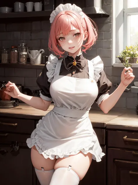 a closeup portrait of a playful maid, undercut hair, apron, amazing body, pronounced feminine feature, busty, kitchen, [ash blonde | ginger | pink hair], freckles, flirting with camera