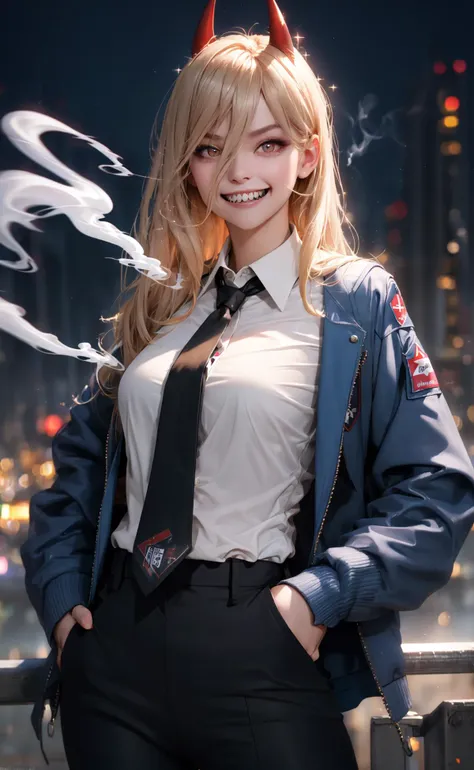 masterpiece, best quality, realistic, 1girl, power (csm), sharp teeth, grin, looking at viewer, cross-shaped pupils, blue jacket, collared shirt, black necktie, black pants, cloudy sky, smoke, bokeh, glittering, sparkling, <lora:csm_power-13:0.8>