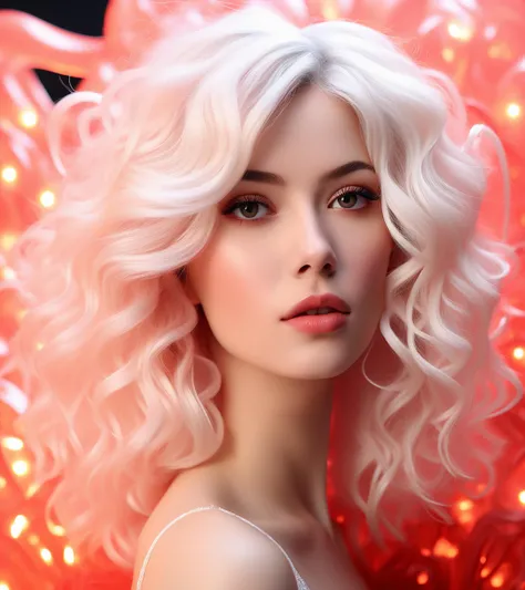 Real estate photography style, coralbug (albino woman, white hair styled voluminous waves), photo RAW, (black, dark red and neon pink : shiny aura, highly detailed, red filigree, intricate motifs, organic tracery, glowing stardust , perfect composition, sm...