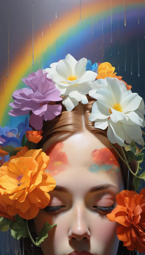 a painting of a woman with a rainbow colored hair, surreal matte painting, girl with a flower face, rhads and thomas kinkade, the mask covers her entire face, dream landscape, embracing, niel davis, bo bartlett, 2 0 2 2 photo, symphony, medium details