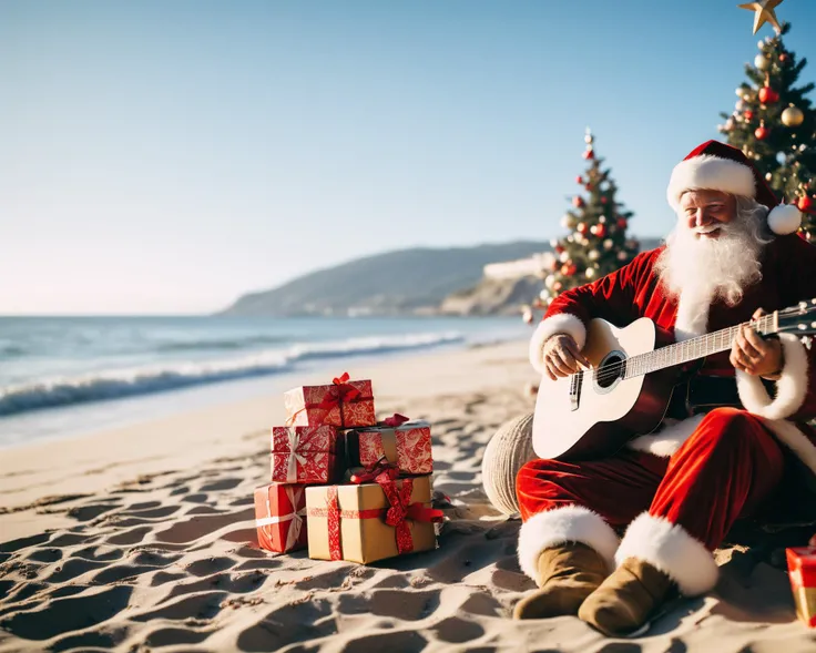 cinematic film still of photo of a Santa Claus with a sadistic smile sitting on the sand on the beach playing the guitar, next to him a huge pile of gift boxes, Christmas tree toys, in the background the ocean shore, the sun is shining, palm trees, THM sty...