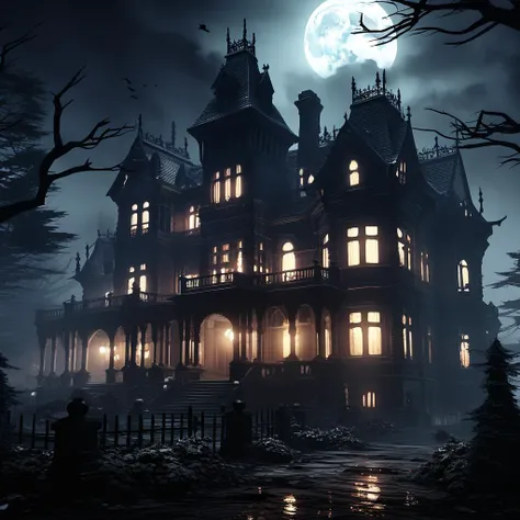 A spooky, haunted Victorian mansion at night. The moon illuminates the eerie structure, with ghosts visible in the windows and a foggy graveyard in the foreground