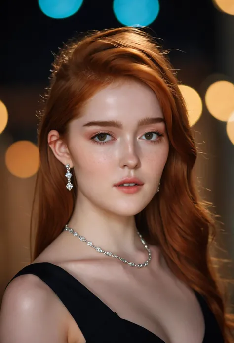 stunning medium shot photo of beautiful jia_lissa wearing a black dress, jewelry, earrings, freckles, cinematic lighting, bokeh, <lora:jia_lissa_sdxl_20:0.9>